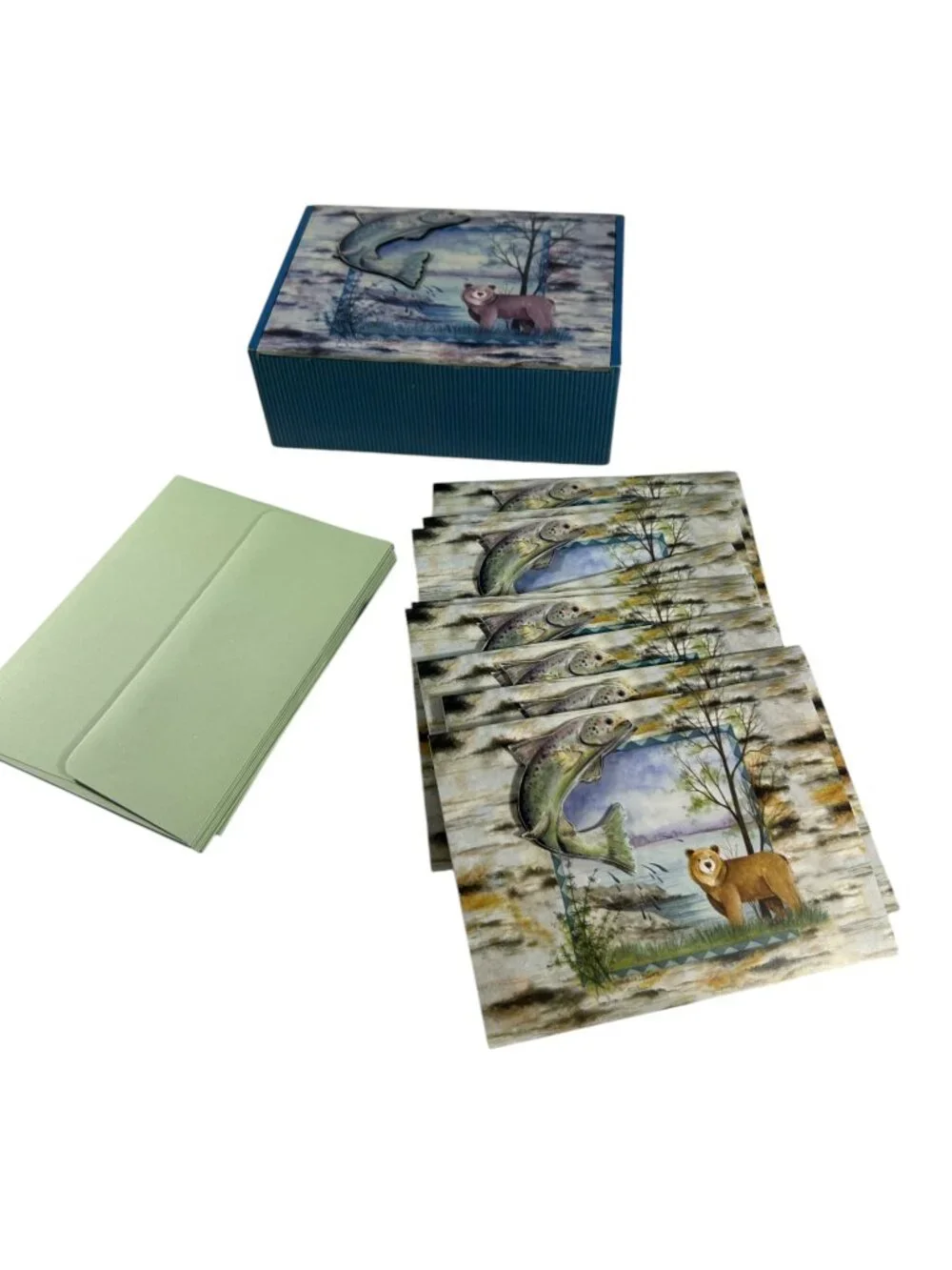 Creative Papers Salmon Lodge 9 Blank Notecards 3D Fish Bear Wildlife Box